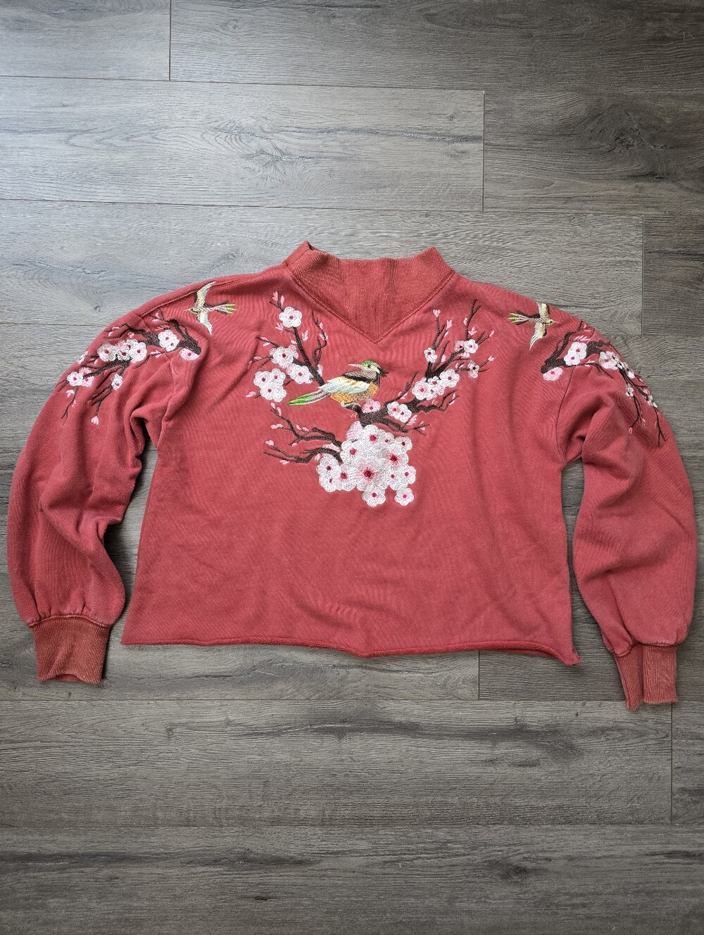 Gimmicks Mock Neck Sweatshirt Embroidered Bird Floral Size Small Boxy